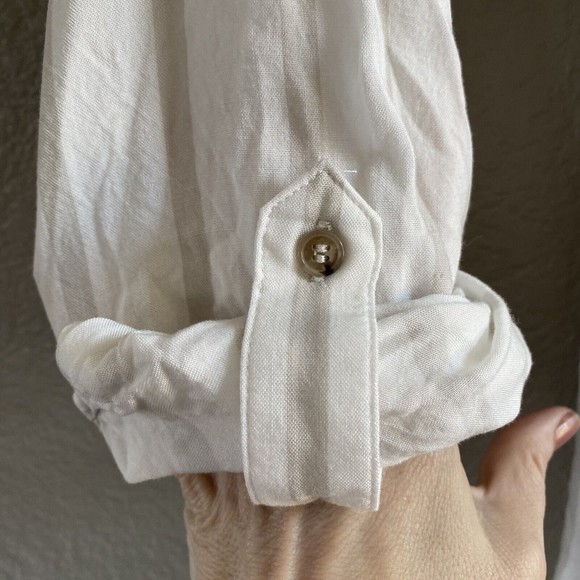 Maeve Sandbridge Anthropologie Button Down Blouse Tie Front White Tan XS - Picture 6 of 11